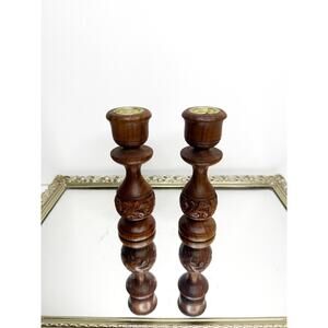 Vintage Indian Rosewood Candlesticks Hand-Carved , Rustic Boho Decor from India